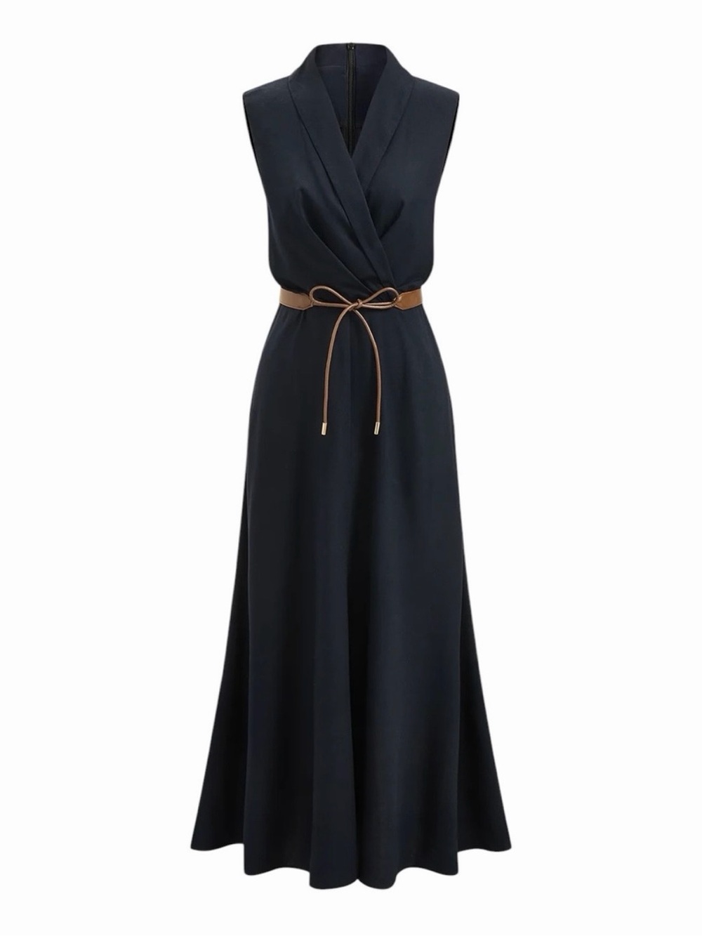 Commense Navy Blue Belted Maxi Dress XS NWT Linen Blend Sleeveless
